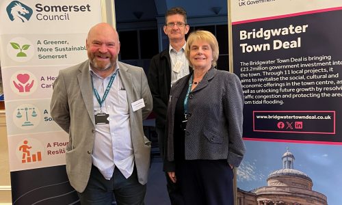 Photo of Cllr Bill Revans, Paul Moore and Cllr Ros Wyke at the Bridgwater Town Deal open event